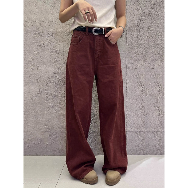 歐貨牛仔褲闊腿褲女2025年秋季復古磚紅高腰休閒直筒長褲潮