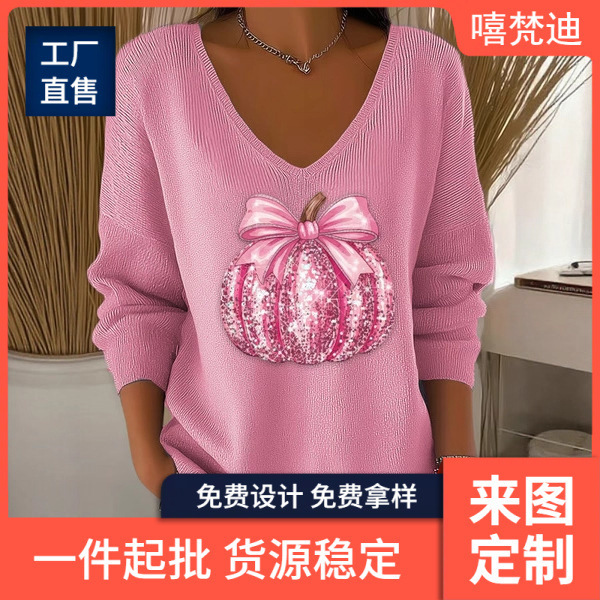 New 3D Digital Printing Girly Elegant Elegant Sparkling High-End Women's V Neck Off-Shoulder Long-Sleeved Bottoming Shirt T-Shirt