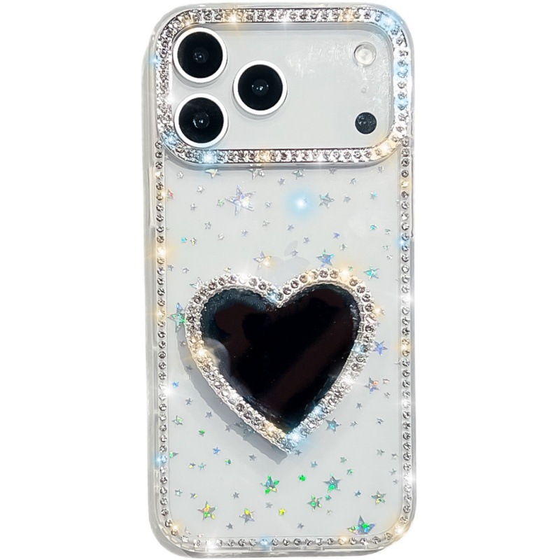 闪钻边框补妆镜子适用苹果17手机壳iPhone16promax奢华爱心支架15|undefined