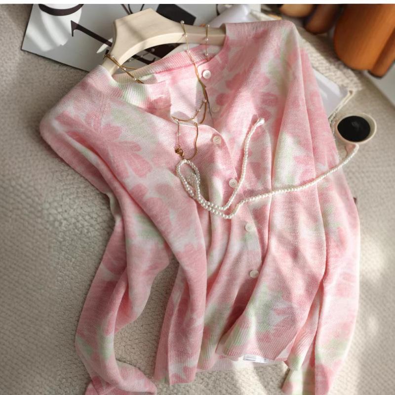 Peach Blossom-Like Appearance~Very Flattering, Gentle Pink Printed Tencel Knit Cardigan, Round Neck, Loose Long-Sleeve Top for Women in Spring Peach Blossom-Like Appearance~Very Flattering, Gentle Pink Printed Tencel Knit Cardigan, Round Neck, Loose Long-Sleeve Top for Women in Spring
