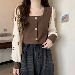 Large size French long-sleeved square collar base shirt for women in spring and autumn style fake two-piece bow spliced ​​fat and slim top