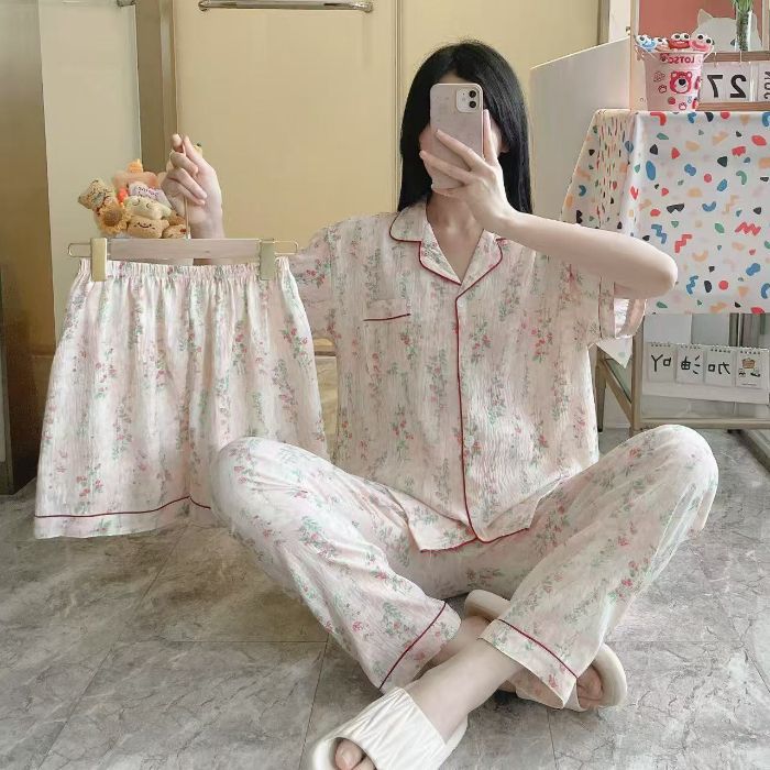 Venta al por mayor transfronteriza 120g pijamas de algodón de nube de verano de manga corta para mujer pantalones cortos de algodón de nube de verano de tres piezas servicio a domicilio de dibujos animados