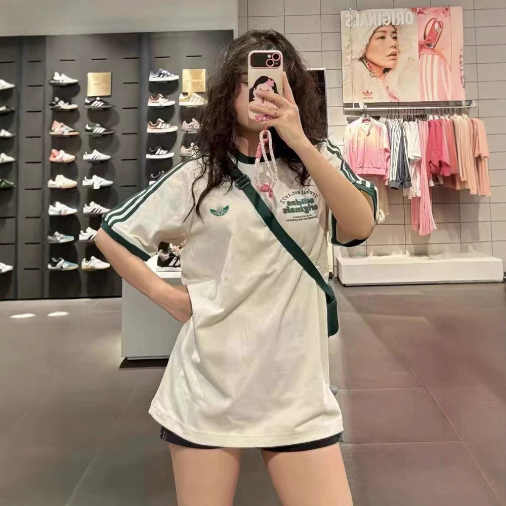 Cross-Border Clover Couple Style Round Neck Sports T-Shirt Summer Trendy Retro Striped Embroidered Logo Short-Sleeve Top