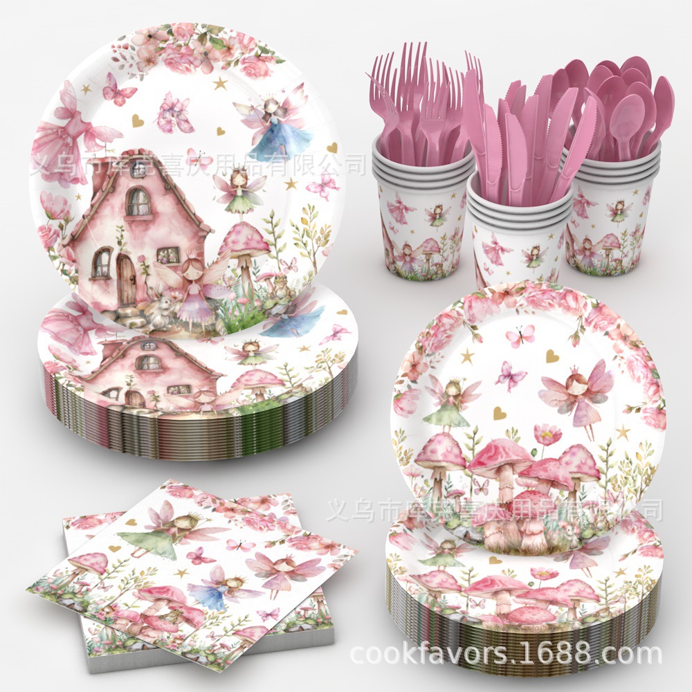 Nueva primavera flores hadas fiesta bandeja de papel desechable tazas de papel toallas de mesa cubiertos decoración de fiesta de cumpleaños para niños