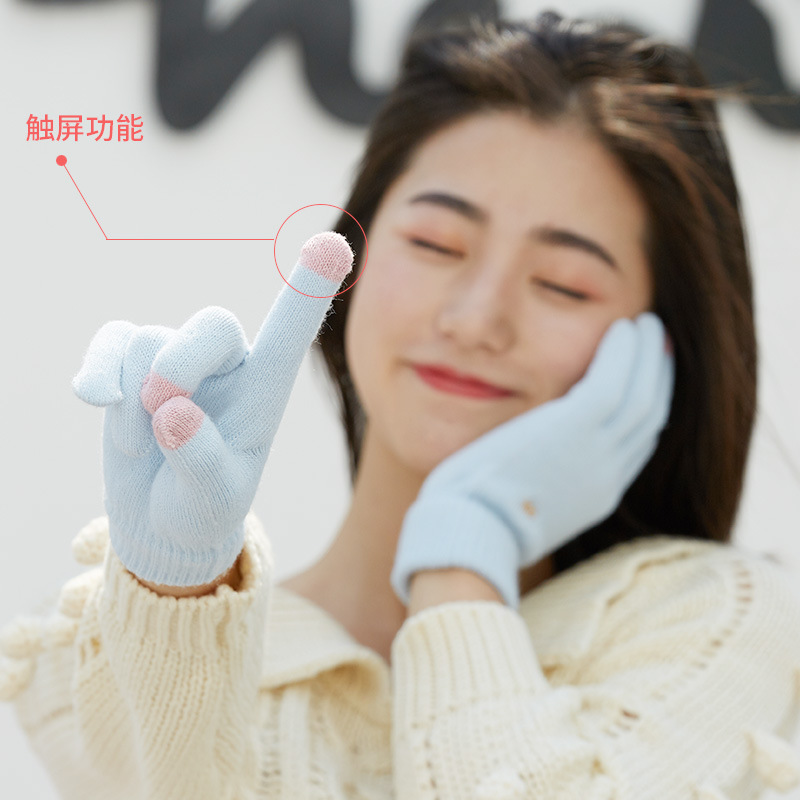 雷奇冬季觸屏保暖手套女掌心防滑防護可愛俏皮卡通針織騎行手套
