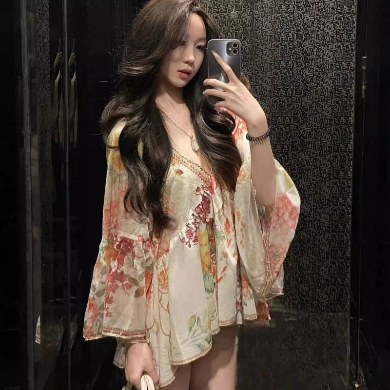 Французская ретро-рубашка с v-образным вырезом и расклешенными рукавами для женщин весной и летом, топ в праздничном стиле с принтом Royal Sister Pure Lust Cover-Up