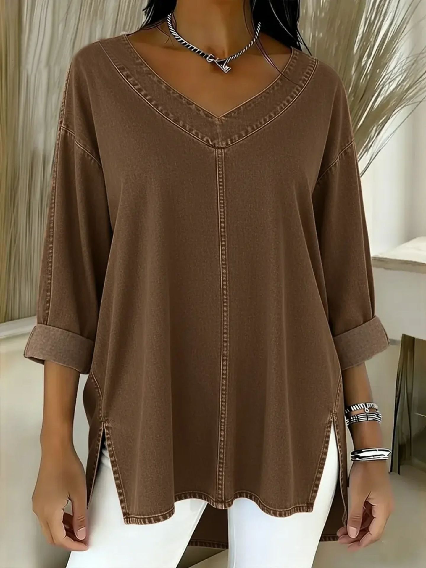 Women's Denim V Neck Top Street Fashion Spring New Arrival_ecoleips.com
