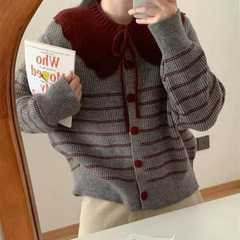 韩系针织开衫娃娃领宽松复古设计感条纹显瘦学院感休闲减龄毛衣外