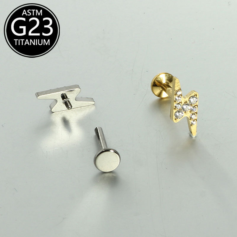 F136 Titanium Labret Stud with Lightning-Shaped CZ Inlay 6-10mm G23 Titanium Alloy Body Piercing Ear Cartilage Stud detail image 5