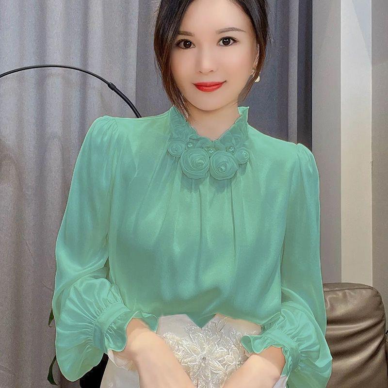 Fairy Sweet Three-dimensional Decorative Flower Satin Shirt 2024 Spring New Elegant Young All-match Outer Wear Top
