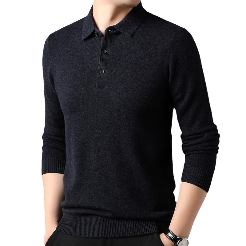 100 순수 양모 스웨터 남자 옷깃 스웨터 뉴 푸위안 스웨터 올 매치 니티드베이스 셔츠 탑