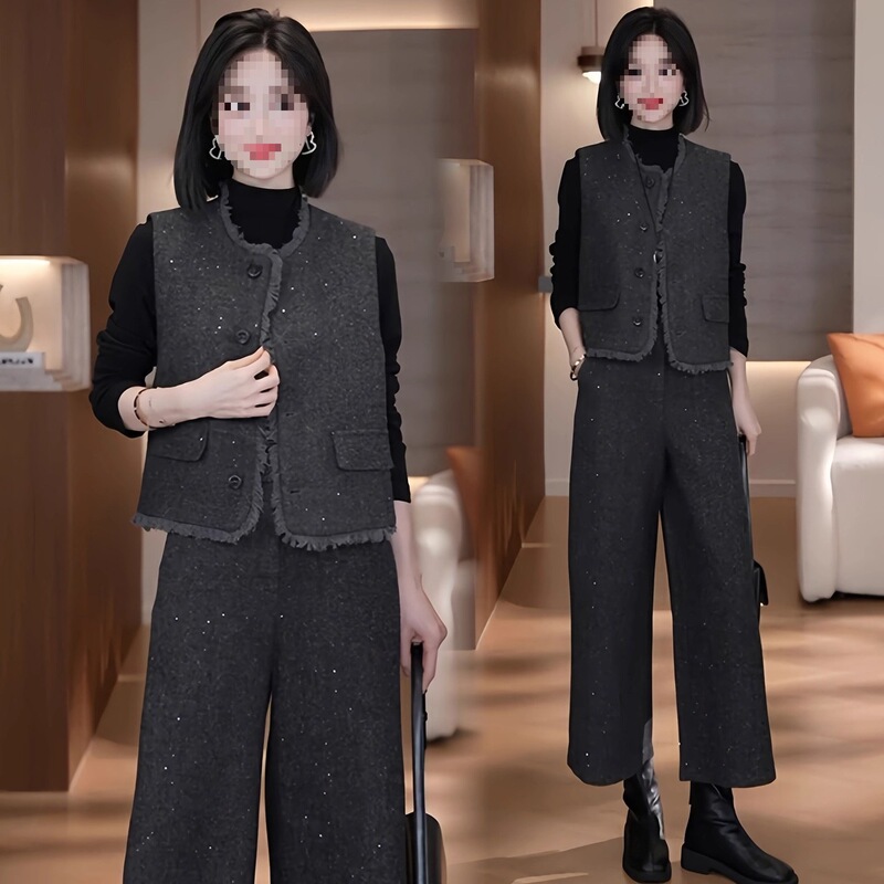 Tweed Style Fashion Suit Women's Autumn New Style Good-Looking Sleeveless Vest Half Turtleneck Bottoming Shirt Wide-Leg Pants Three-Piece Set Tweed Style Fashion Suit Women's Autumn New Style Good-Looking Sleeveless Vest Half Turtleneck Bottoming Shirt Wide-Leg Pants Three-Piece Set