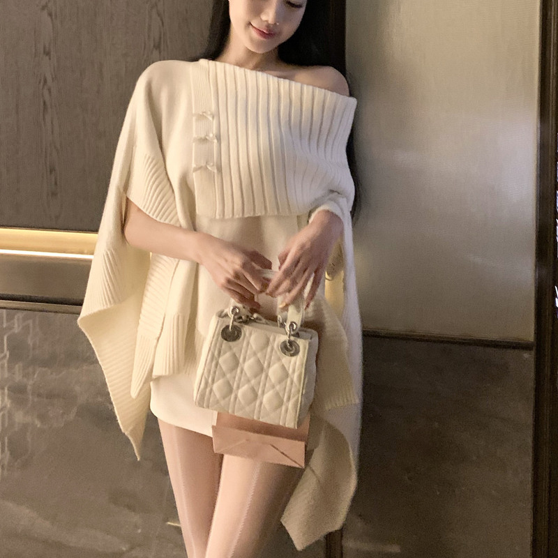 2025 韓国スタイルの怠惰なスタイルの多用途ニットマントセーター女性のルーズアウターワンショルダーニットブラウスジャケット女性|undefined