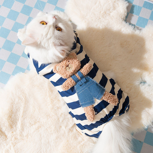 Cute bear striped four-legged home clothes blue cat ragdoll cat spring and autumn thin kitten milk dog pet cat clothes