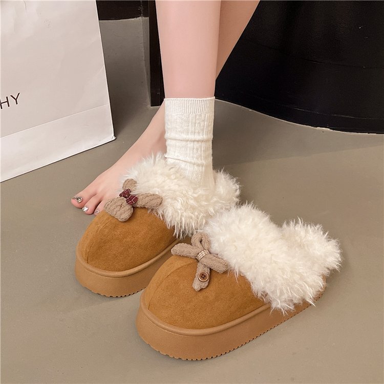 Cross-Border Large Size Winter New Style Plus Velvet Thickened Thick Sole Raw Edge Fashion Bow Simple Versatile Casual Snow Boots Cotton Slippers