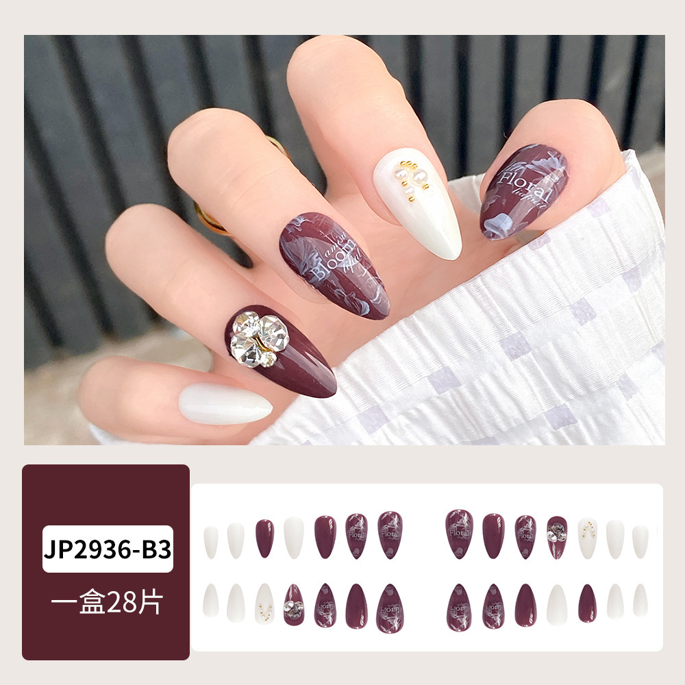 Transfronterizo vino rojo blanco puro diamante retrógrado manicura de almendras artística exquisita romántica 24 piezas de productos terminados para usar uñas