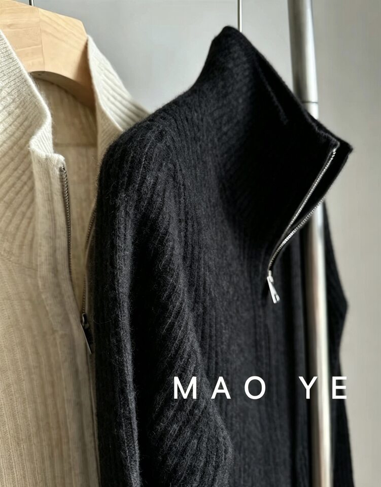 Áo khoác cardigan len lông cừu nguyên chất dài tay cổ bán cao, khóa kéo đôi, sọc gân dọc tôn dáng — Màu cà phê, Màu tự nhiên, màu đen chi tiết 18