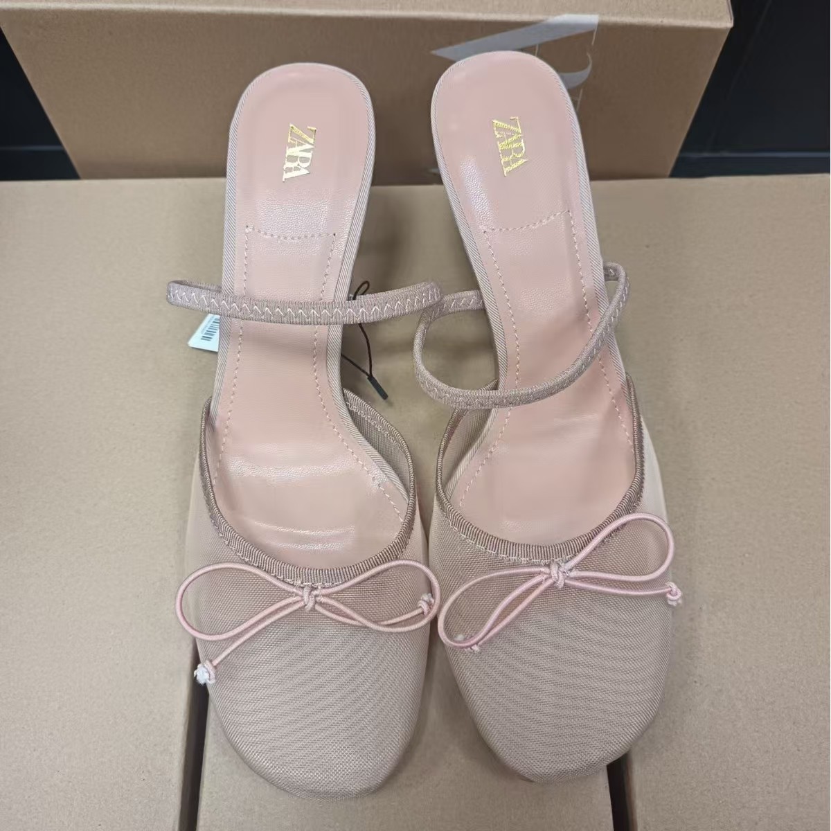 ZA2025 Summer New Women's Shoes Nude Bow Ornament Dew Heel Ballet Shoes Mesh High Heels Women