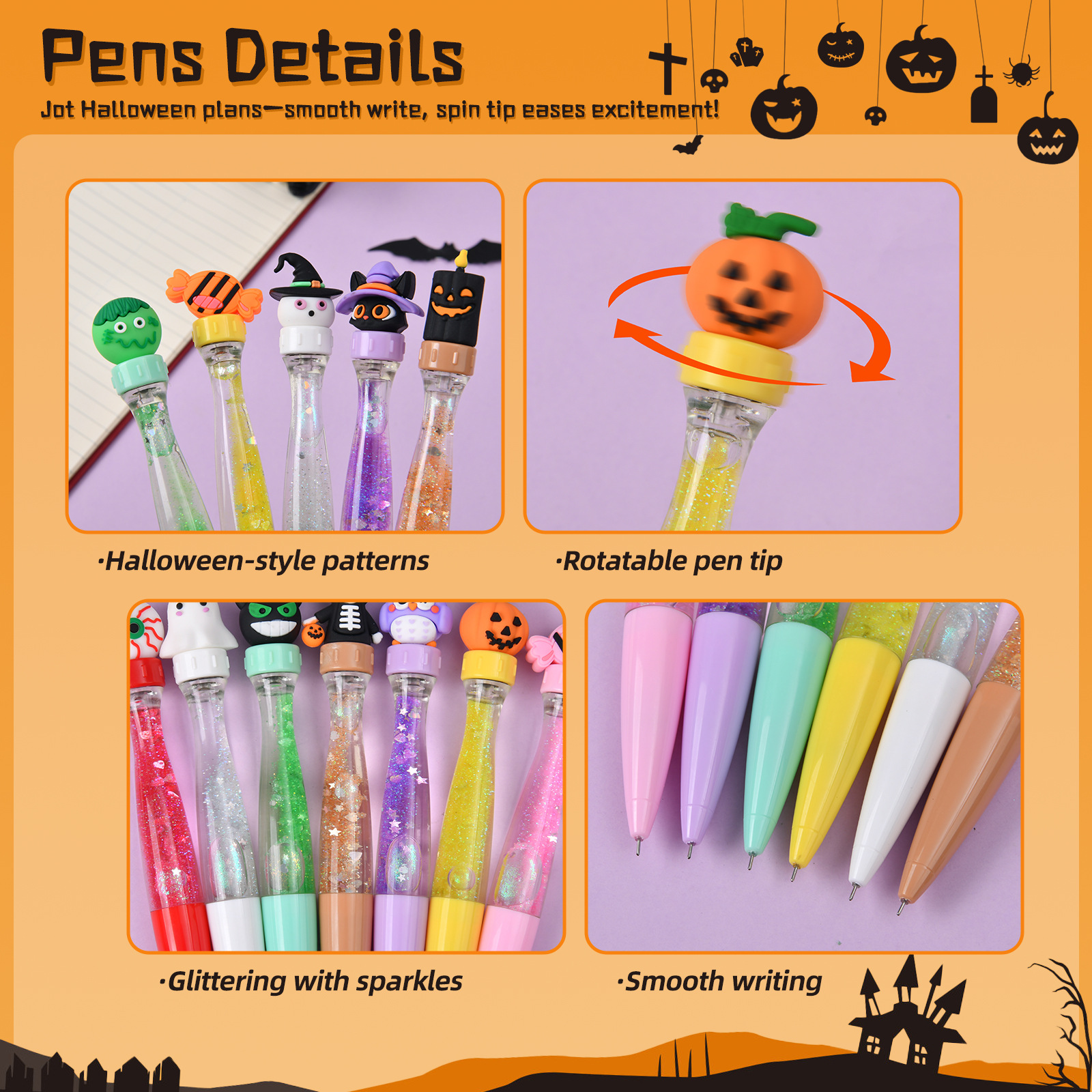 Serie creativa de Halloween reducción de presión girar la pluma de gel girar la arena movente girar la pluma de dibujos animados encantadora pluma de regalo