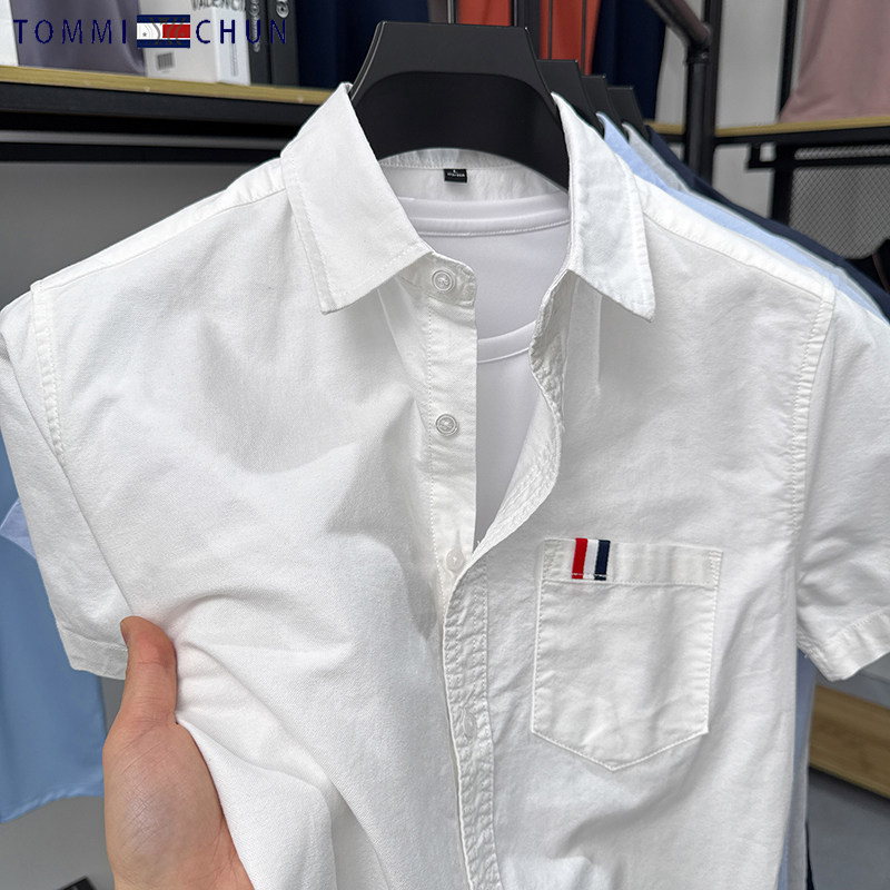 Authentic Tommy Short-Sleeved Shirt for Men, Summer New Style, Pure Cotton, Fashionable, Casual, Business, Non-Ironing Shirt for Young and Middle-Aged People