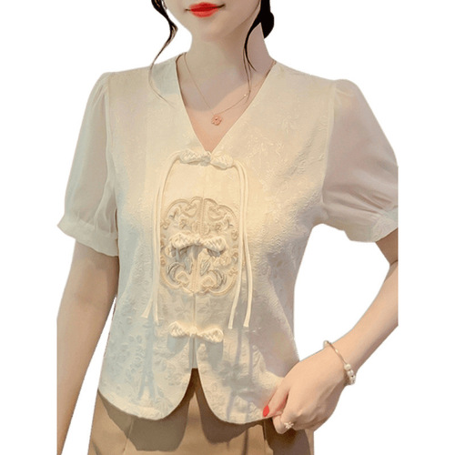New Chinese Style Collarless Button Shirt for Women - Summer 2025, Hand-Embroidered Short-Sleeve Top, Retro Patterned Blouse