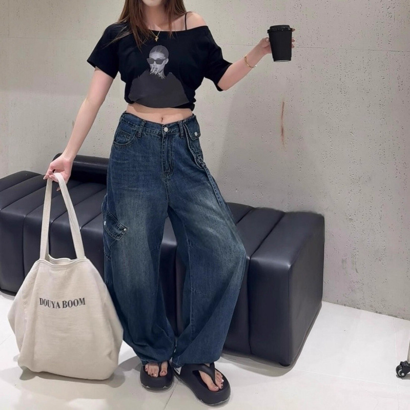 美式设计感工装弯刀牛仔裤女秋季2025新款高腰宽松阔脚休闲拖地裤|undefined