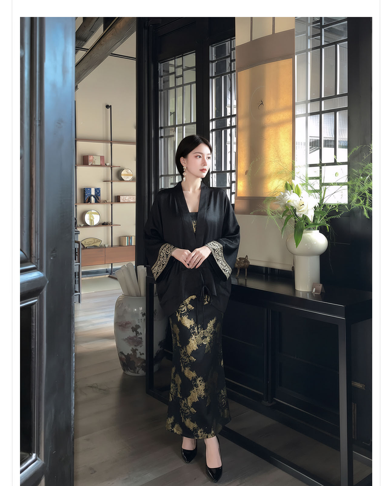 Bộ áo sơ mi lụa rộng và váy dây treo cổ điển M6056 – phong cách quốc gia sang trọng — Áo, Váy Hai Dây chi tiết 5