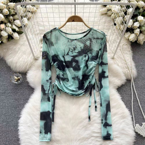 Water-based Ink Print Tie-Dye Women's Summer New Round Neck Adjustable Rope Tied Pleated Fitted Long Sleeve Top