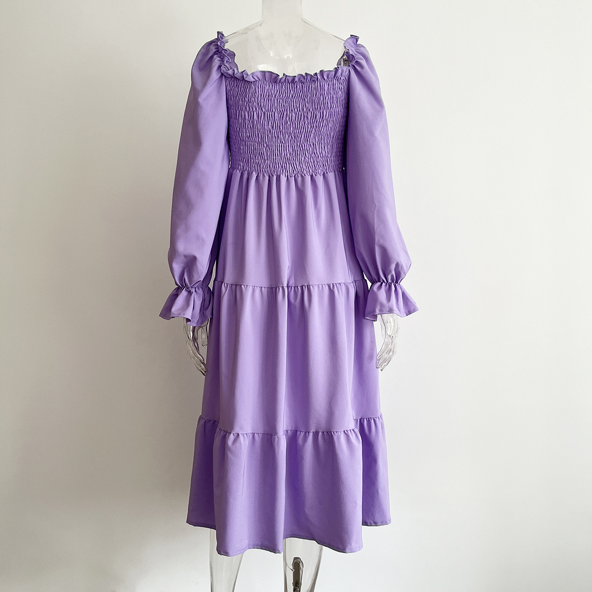 Smocking Dress Ruffled Square Collar Flared Sleeve Layered Large Swing Dress Women Women Clothing
