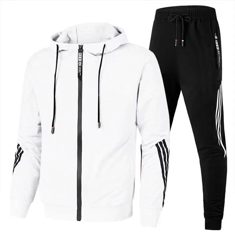 Artesanos al por mayor transfronterizo nuevo hombre juego deportivo casual tres barras con cremallera encapuchada chaqueta deportiva pantalones explosivos