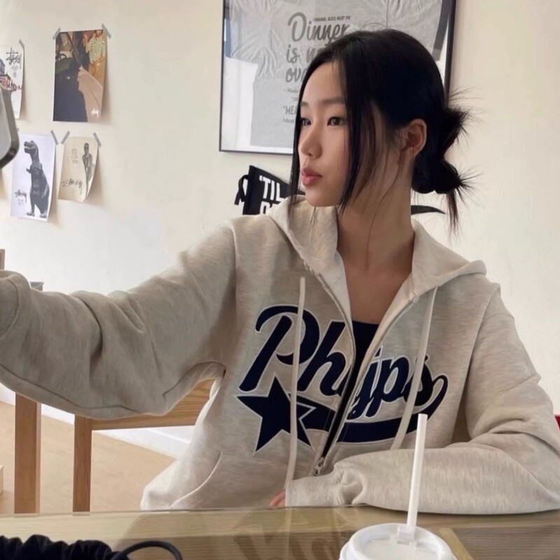 In-Stock Korean Trendy Brand Phyps Patch Embroidered Letter Star Zipper Autumn Short-Sleeve Loose Sweatshirt Jacket