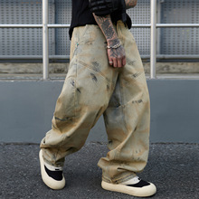 新款潮牌宽松直筒浅蓝色水洗牛仔裤弯刀裤