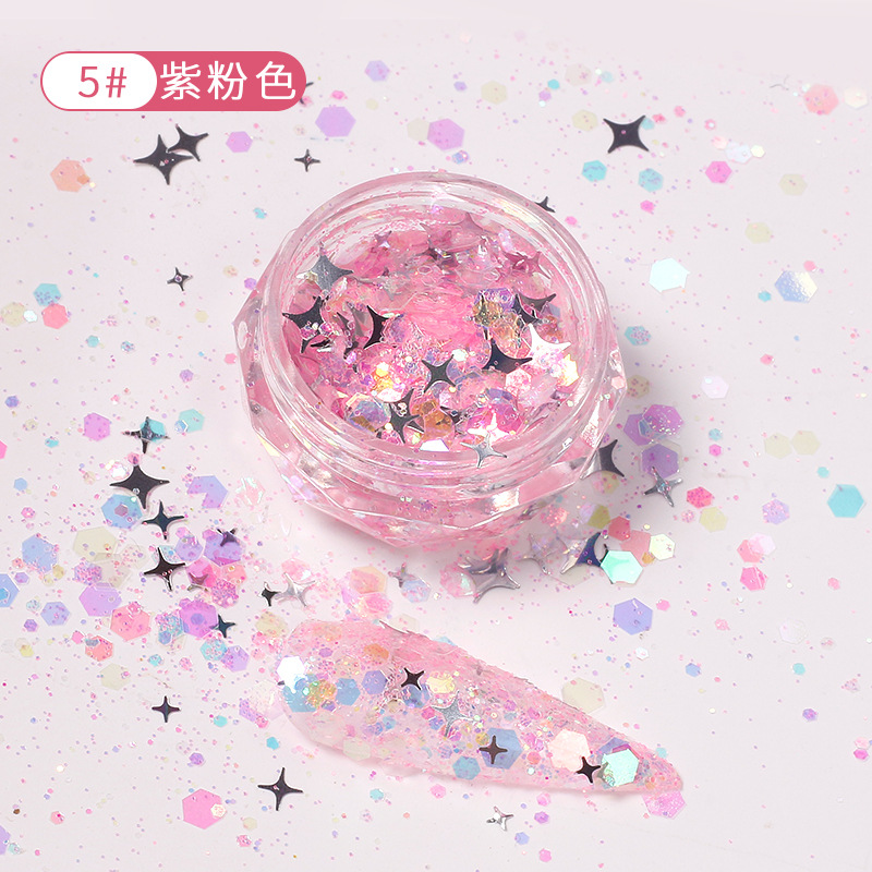 Celebridad de Internet nuevo multicolor clavo estrella flash lentejuelas tamaño mezclado láser brillo uñas lentejuelas joyería en caja