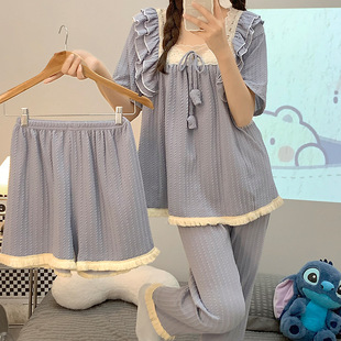 Pajamas for Women Spring and Summer New Style 6535 Cotton Short-sleeved Pants Three-piece Suit Plus Fat Plus Size Fat Mm Home Clothes Can Be Worn Outside