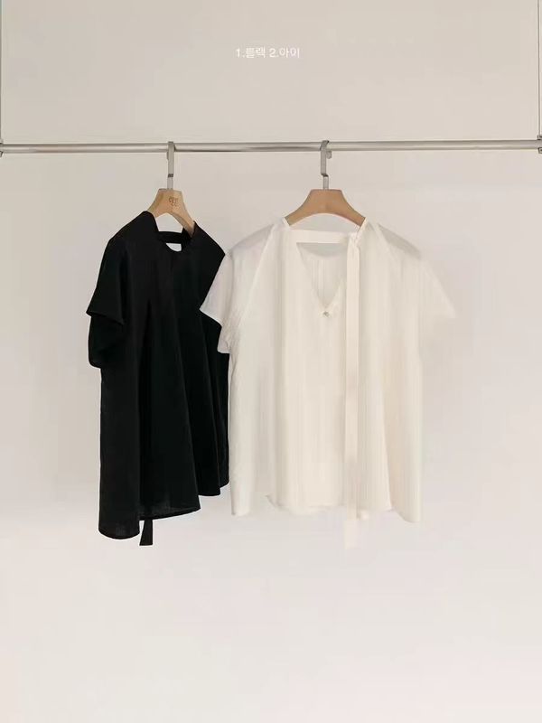 韓国*egg2025夏スタイル蓮の葉スリーブシフォンレースアッププリーツ半袖シャツ女性用|undefined