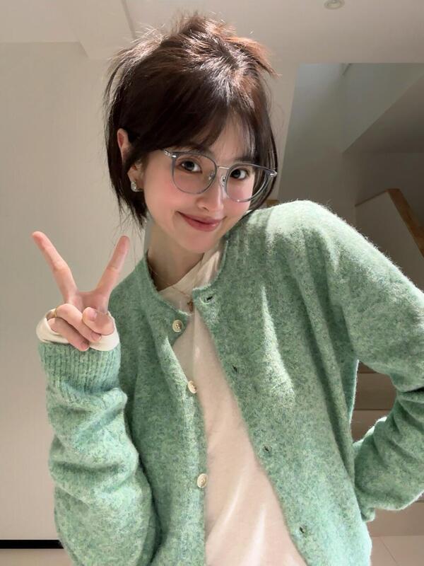 法式气质薄荷绿卷边针织开衫毛衣外套女春秋软糯绿色上衣早春外搭|undefined