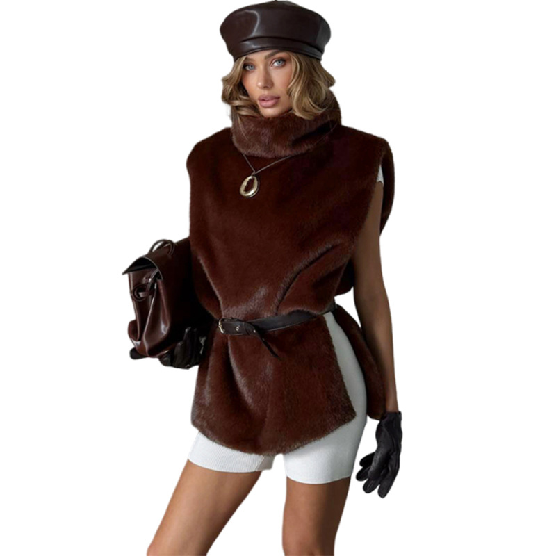 2026 Autumn New Women's Fashion European And American Style Solid Color High Neck Furry Vest Sleeveless Waistcoat Top_ecoleips.com