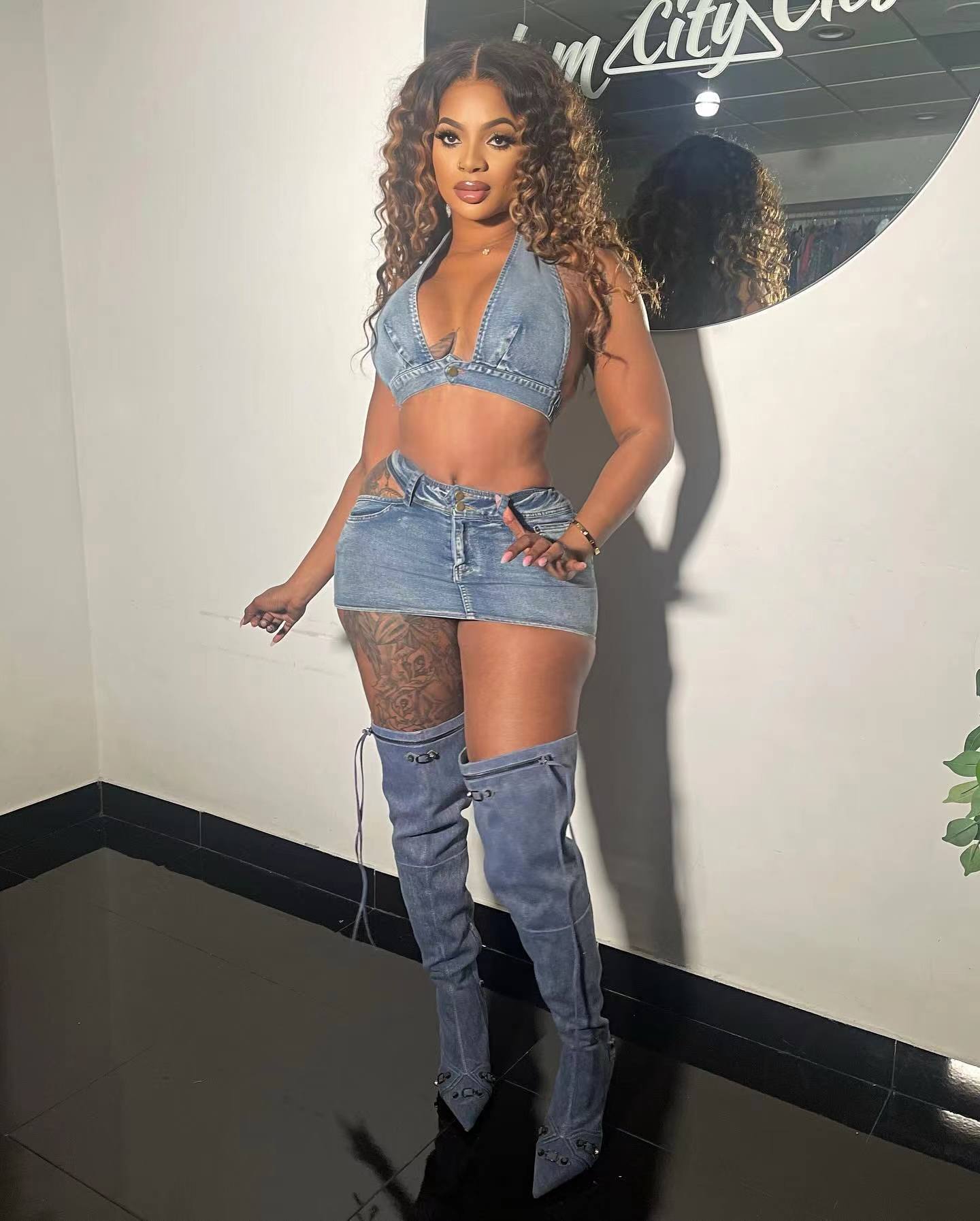Washed Stretch Denim Casual Sexy Skirt Set