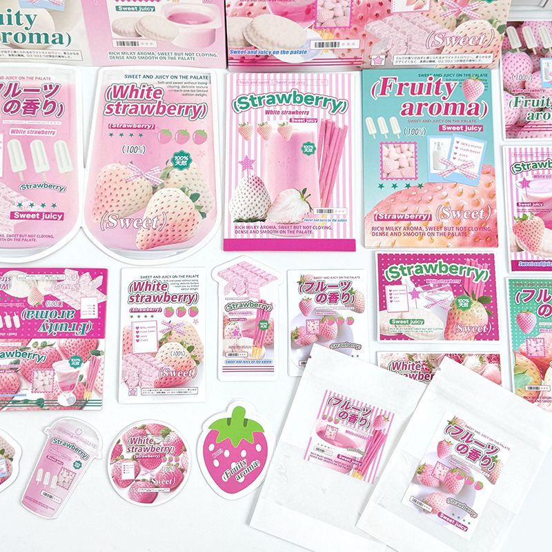 Original White Strawberry Value-Packed Ins-Style Laminated Material Sealing Paper Foldable Handbook Decoration Packaging Set Stickers