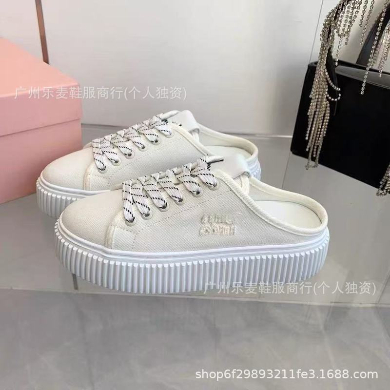 高品质~miu家新款厚底饼干帆布板鞋懒人一脚蹬休闲后空半拖小白鞋|undefined