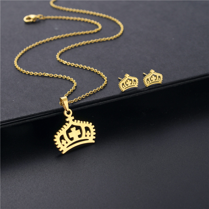 fashion simple crown pendant stainless steel necklace earings set