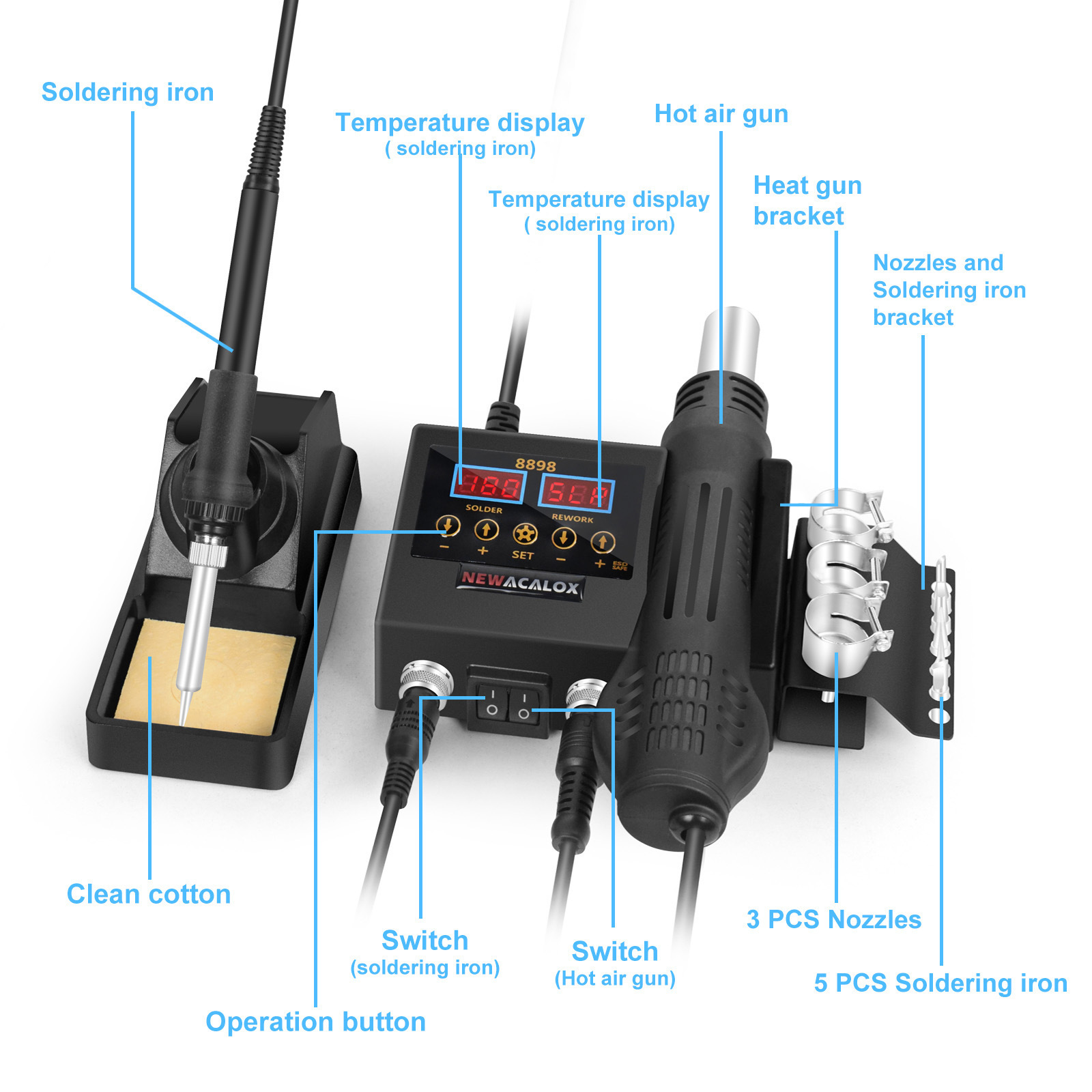 SMD hot air gun desoldering station two-in-one 8898 lead-free soldering iron handle computer repair welding tool set