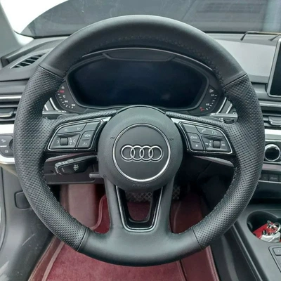 Audi A4L Hand-Stitched Steering Wheel Cover, Special Four-Season Handle Cover Modification for Audi A3A6L A7L A8 Q2L Q5L (Steering wheel cover) - audi-series-perforated-sides-black-leather-hand-stitched-with-black-thread-38cm