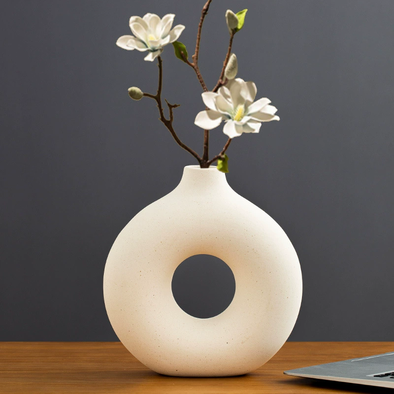 Retroin embryo ceramic vase Nordic style living room decorative ornament dry flower coarse potter custom round gray