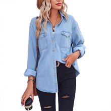 欧美跨境wish亚马逊独立站新款显瘦牛仔外套一排扣长袖休闲衬衫女