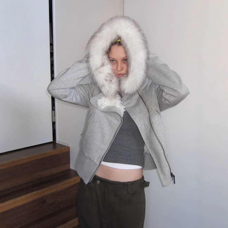 In Stock Ra*** Autumn and Winter Hooded Fur Collar Plush Lining Short Sweatshirt Jacket for Women Slimming Zipper Cotton Coat In Stock Ra*** Autumn and Winter Hooded Fur Collar Plush Lining Short Sweatshirt Jacket for Women Slimming Zipper Cotton Coat