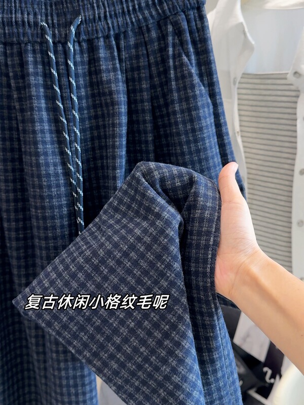 棋盘格子阔腿裤女春秋2025新款高腰显瘦宽松慵懒垂感直筒休闲裤子|undefined