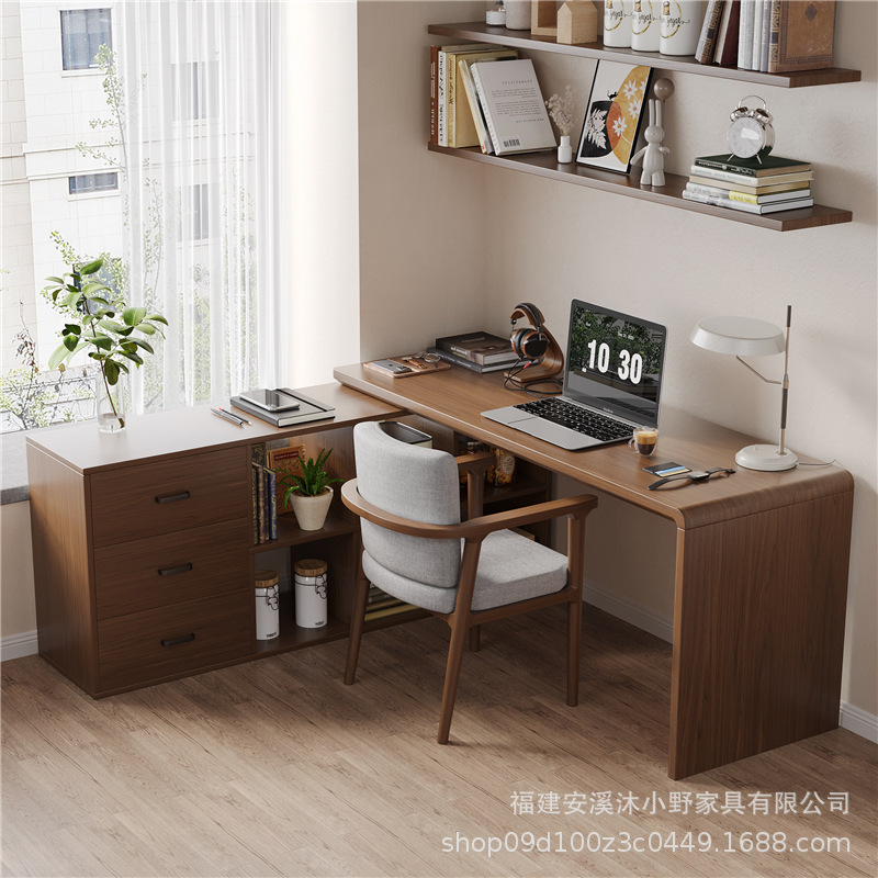 Solid Wood Household L-shaped Computer Desk Simple Office Desk Full Solid Wood Corner Desk Bookcase Integrated Half-enclosed Table