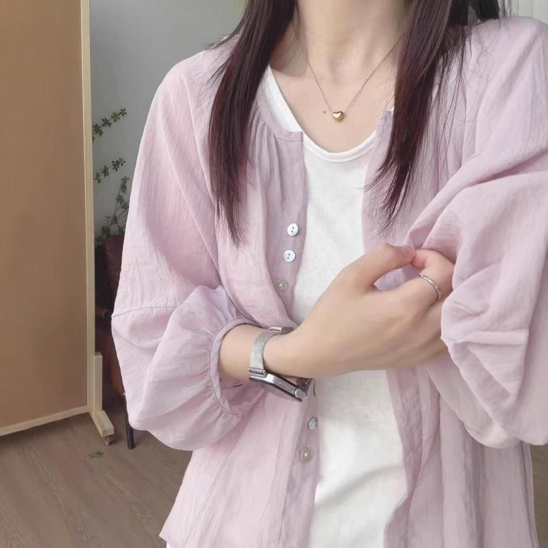 Cross-Border Purple Tencel Linen Short Sun Protection Shirt for Women in Autum, Small Outer Cardigan Top, Light Blouse