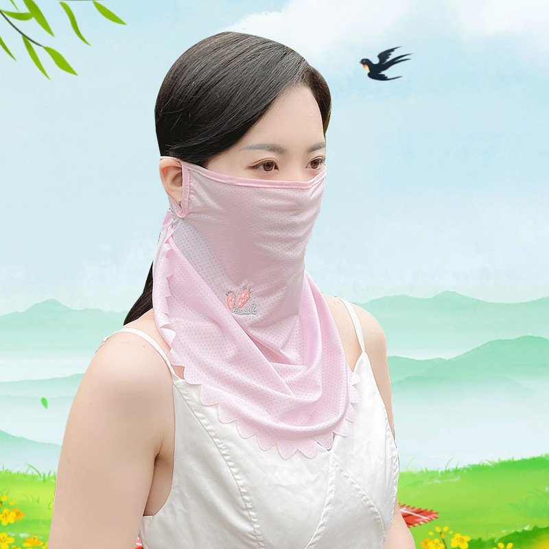 冰丝口罩女夏防紫外线护颈护脸面罩薄款遮阳透气挂耳面纱草莓款